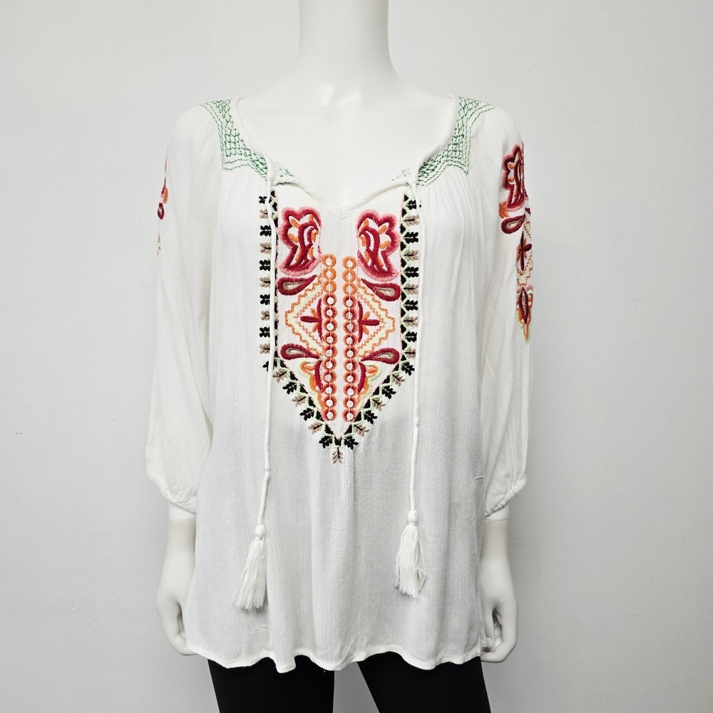 Hazel Embroidered Blouse Top Size M Semi-Sheer Bohemian Crinkle Peasant Hippie